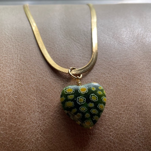 💚Green Heart Italian Millefiori glass bead snake chain herringbone gold plated - Picture 3 of 9